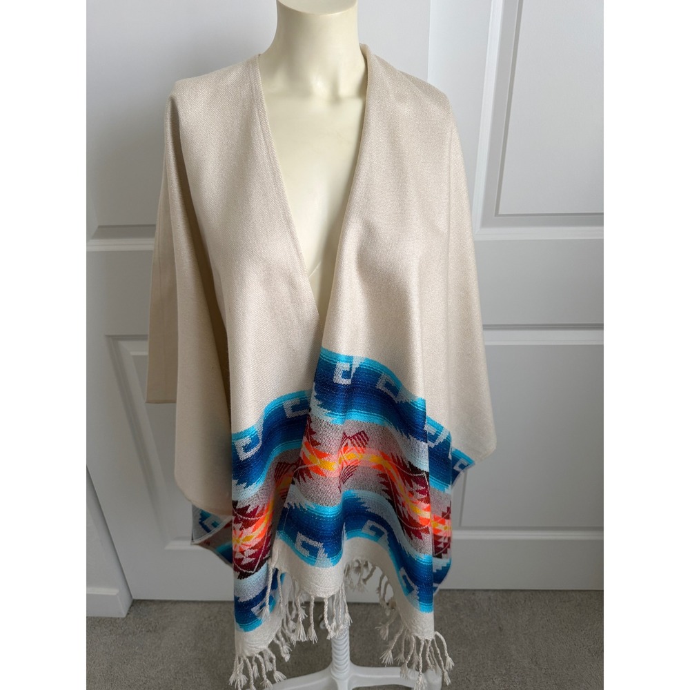 Womens Cream Southwestern Geometric Knit Poncho Wrap Fringe Open Front One Size